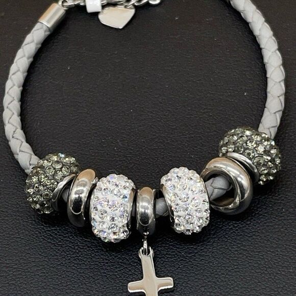 Gray Leather Bracelet Crystal Beads Stainless Steel Cross Polished Spacers 7.5 - Picture 5 of 7